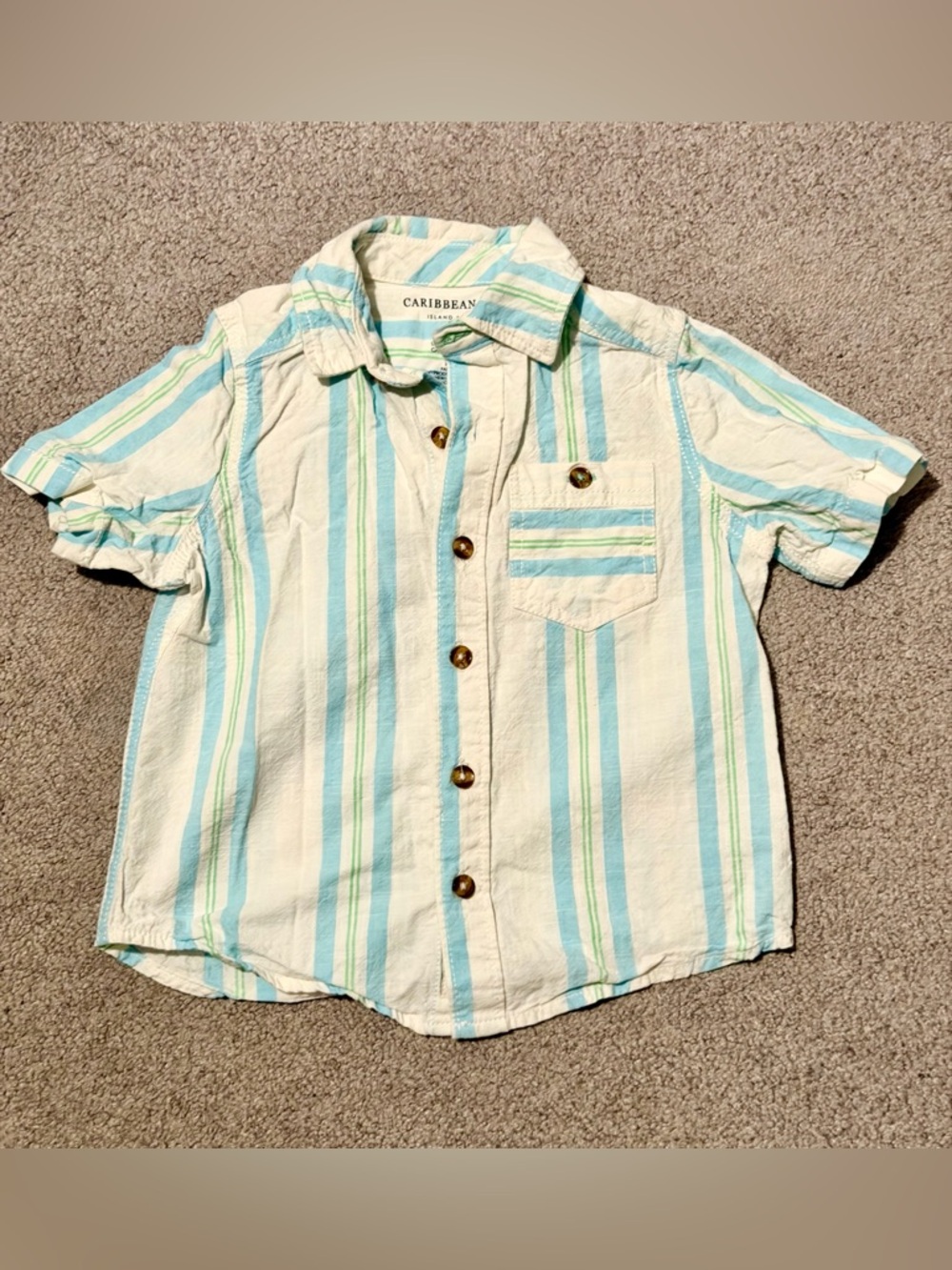 Short-Sleeve Stripe Button-Down Shirt - Cream, Blue & Green - XS/4